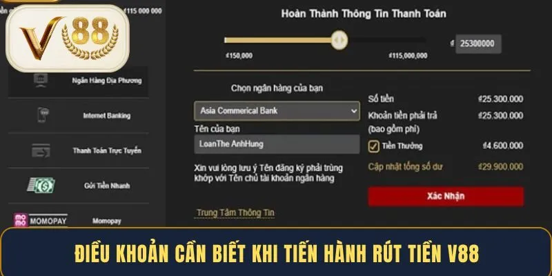 Điều khoản cần biết khi tiến hành rút tiền V88